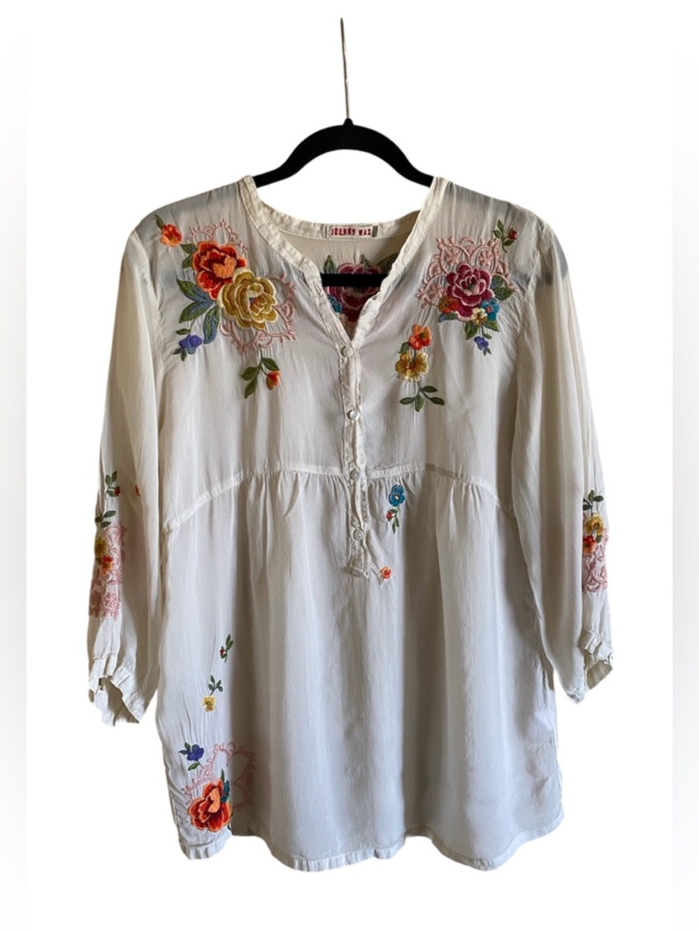 JOHNNY WAS Floral Embroidered Beautiful Dainty Blouse Top Size XS